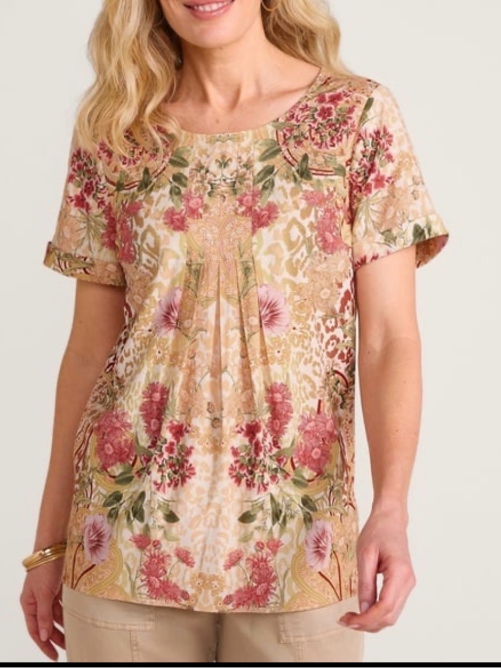 Soft Surroundings Woman’s 1X Floral Short-Sleeve Scoop Neck Top - Pink & Cream